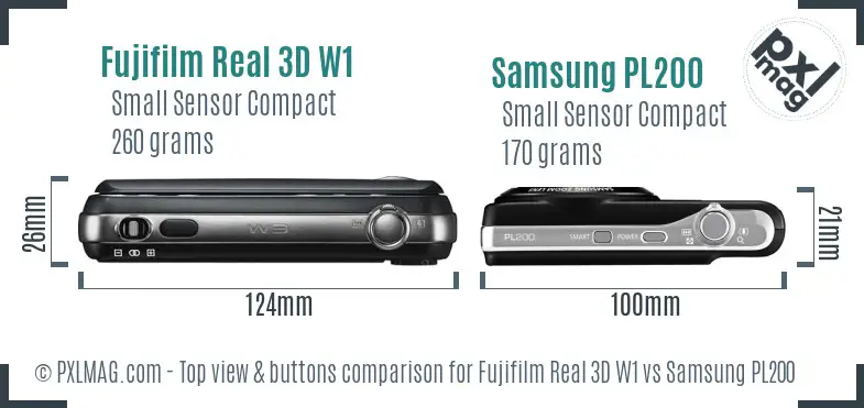 Fujifilm Real 3D W1 vs Samsung PL200 top view buttons comparison Fujifilm Real 3D W1 vs Samsung PL200 top view buttons comparison