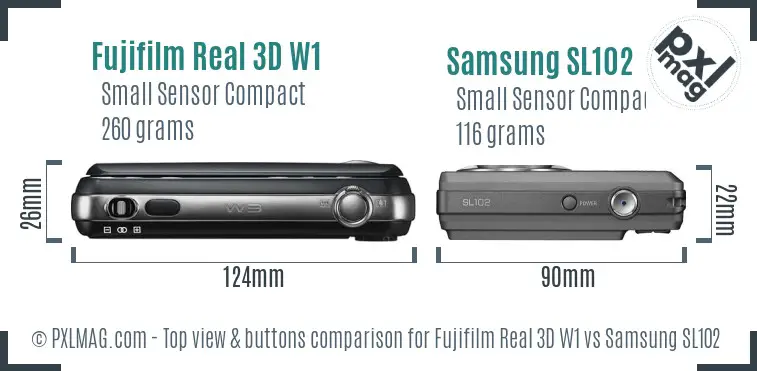 Fujifilm Real 3D W1 vs Samsung SL102 top view buttons comparison