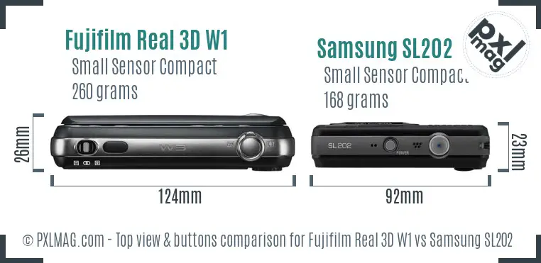 Fujifilm Real 3D W1 vs Samsung SL202 top view buttons comparison