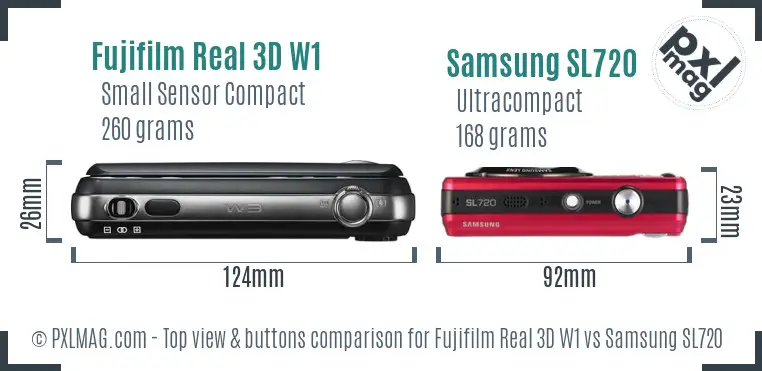 Fujifilm Real 3D W1 vs Samsung SL720 top view buttons comparison