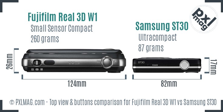 Fujifilm Real 3D W1 vs Samsung ST30 top view buttons comparison