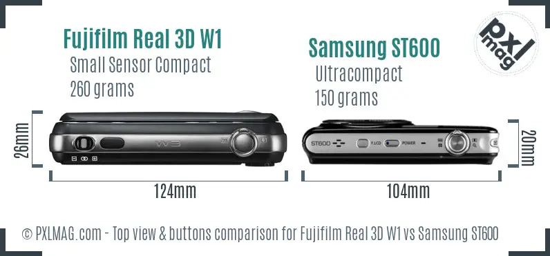 Fujifilm Real 3D W1 vs Samsung ST600 top view buttons comparison Fujifilm Real 3D W1 vs Samsung ST600 top view buttons comparison