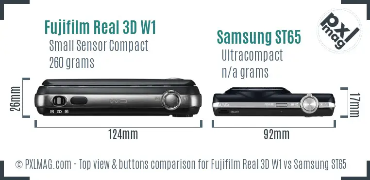 Fujifilm Real 3D W1 vs Samsung ST65 top view buttons comparison Fujifilm Real 3D W1 vs Samsung ST65 top view buttons comparison