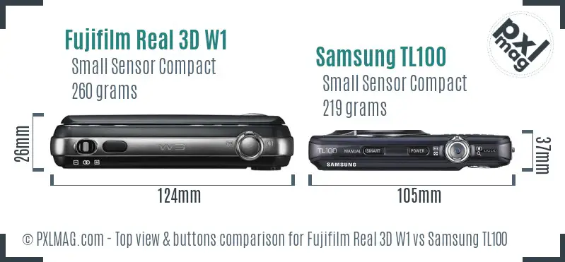 Fujifilm Real 3D W1 vs Samsung TL100 top view buttons comparison Fujifilm Real 3D W1 vs Samsung TL100 top view buttons comparison