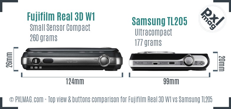 Fujifilm Real 3D W1 vs Samsung TL205 top view buttons comparison