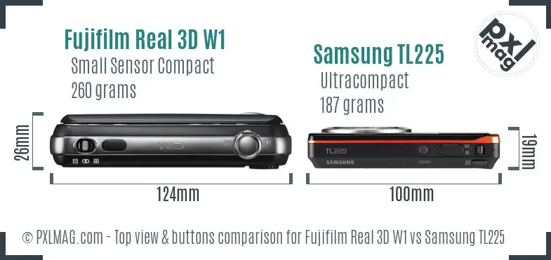 Fujifilm Real 3D W1 vs Samsung TL225 top view buttons comparison Fujifilm Real 3D W1 vs Samsung TL225 top view buttons comparison