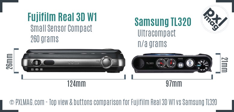 Fujifilm Real 3D W1 vs Samsung TL320 top view buttons comparison