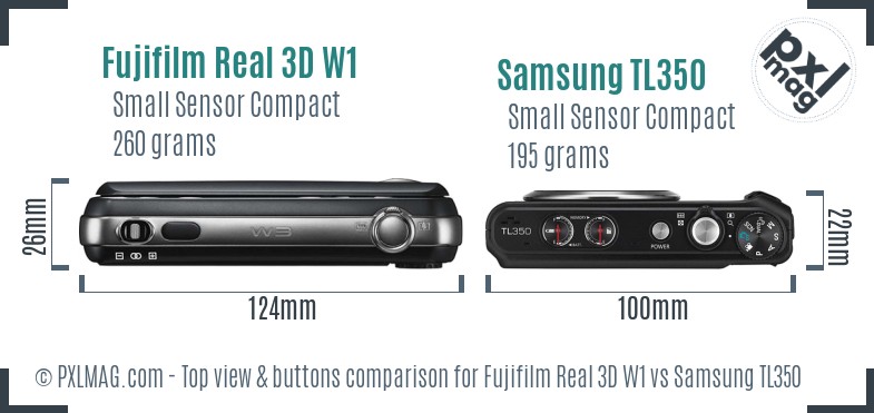 Fujifilm Real 3D W1 vs Samsung TL350 top view buttons comparison