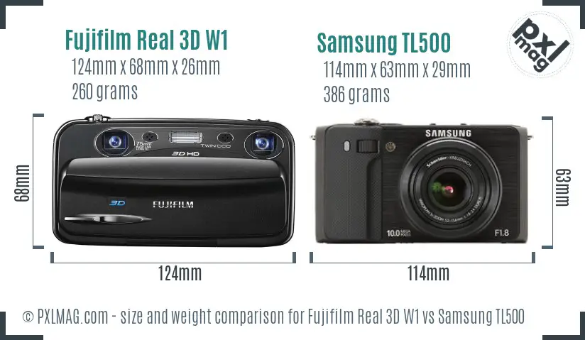 Fujifilm Real 3D W1 vs Samsung TL500 size comparison