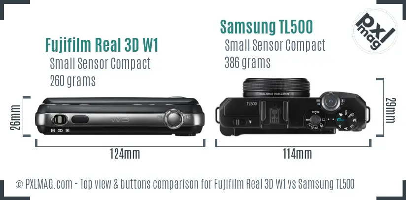 Fujifilm Real 3D W1 vs Samsung TL500 top view buttons comparison
