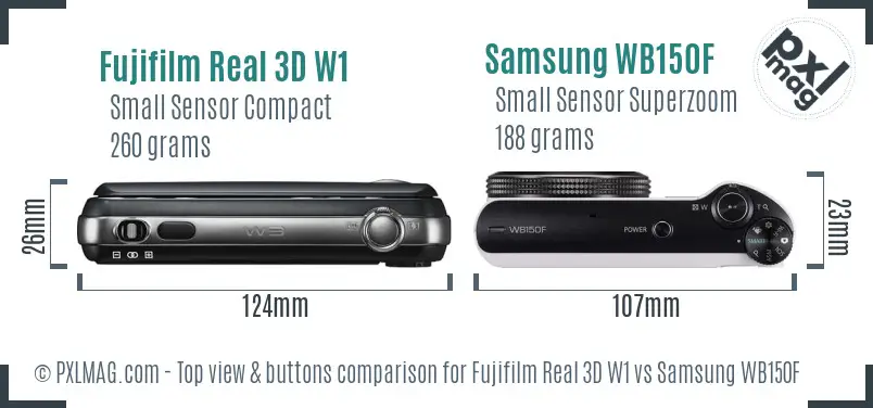 Fujifilm Real 3D W1 vs Samsung WB150F top view buttons comparison