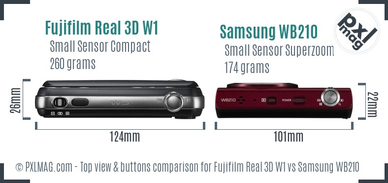 Fujifilm Real 3D W1 vs Samsung WB210 top view buttons comparison