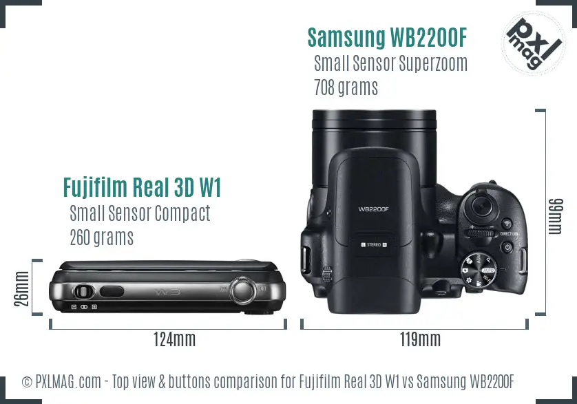 Fujifilm Real 3D W1 vs Samsung WB2200F top view buttons comparison