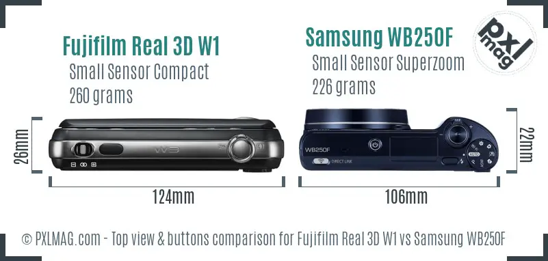 Fujifilm Real 3D W1 vs Samsung WB250F top view buttons comparison