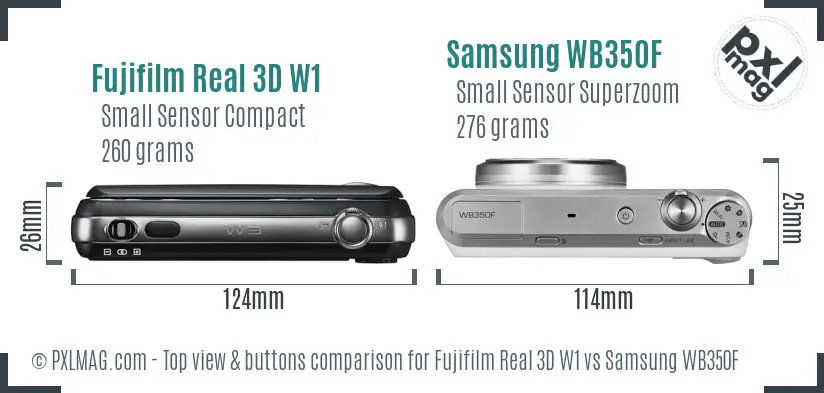 Fujifilm Real 3D W1 vs Samsung WB350F top view buttons comparison