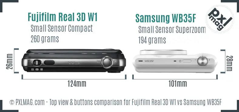 Fujifilm Real 3D W1 vs Samsung WB35F top view buttons comparison Fujifilm Real 3D W1 vs Samsung WB35F top view buttons comparison