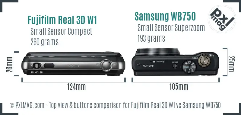 Fujifilm Real 3D W1 vs Samsung WB750 top view buttons comparison