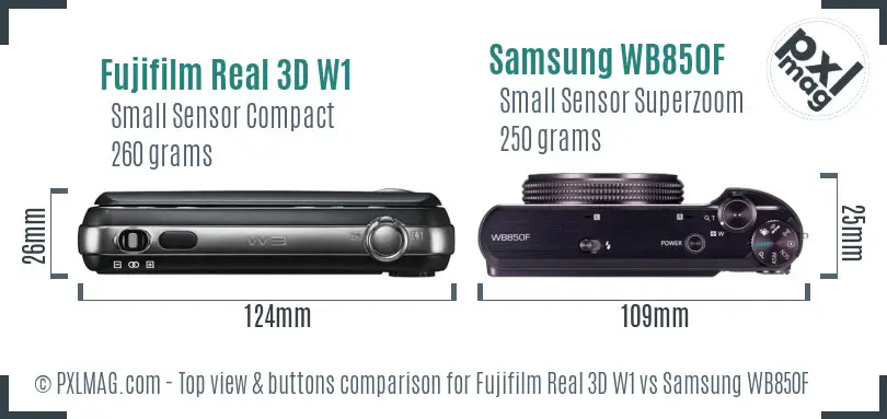 Fujifilm Real 3D W1 vs Samsung WB850F top view buttons comparison