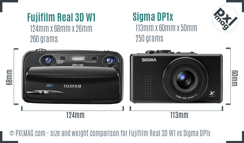 Fujifilm Real 3D W1 vs Sigma DP1x size comparison