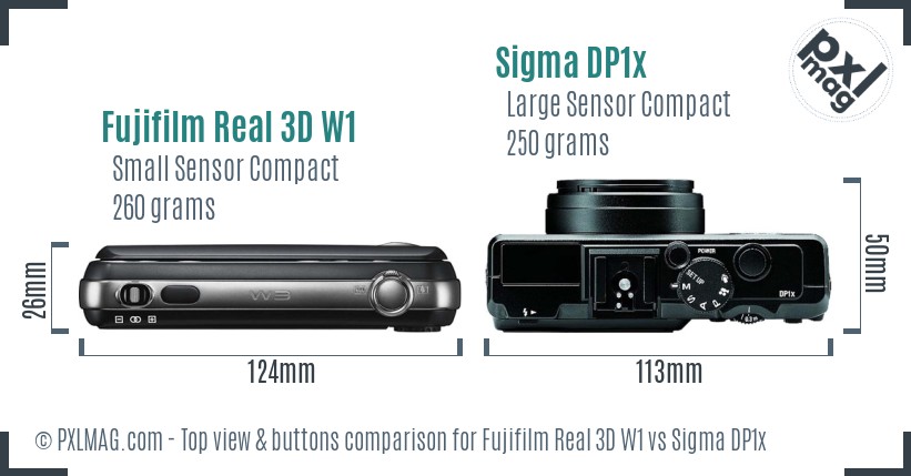 Fujifilm Real 3D W1 vs Sigma DP1x top view buttons comparison