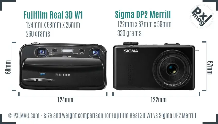 Fujifilm Real 3D W1 vs Sigma DP2 Merrill size comparison