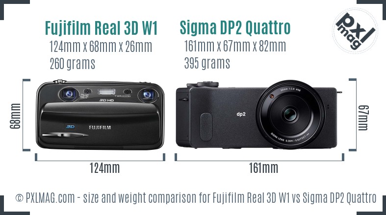 Fujifilm Real 3D W1 vs Sigma DP2 Quattro size comparison
