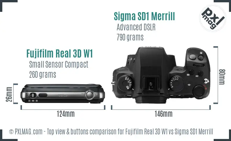 Fujifilm Real 3D W1 vs Sigma SD1 Merrill top view buttons comparison