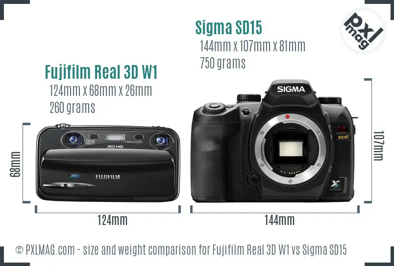 Fujifilm Real 3D W1 vs Sigma SD15 size comparison