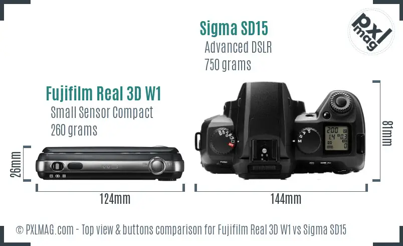 Fujifilm Real 3D W1 vs Sigma SD15 top view buttons comparison
