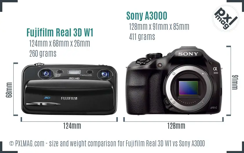 Fujifilm Real 3D W1 vs Sony A3000 size comparison