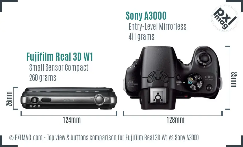 Fujifilm Real 3D W1 vs Sony A3000 top view buttons comparison