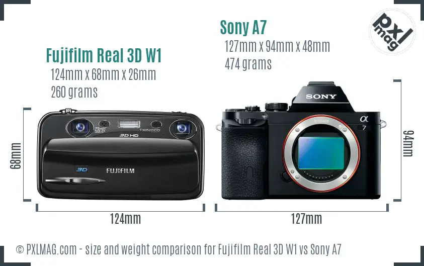 Fujifilm Real 3D W1 vs Sony A7 size comparison
