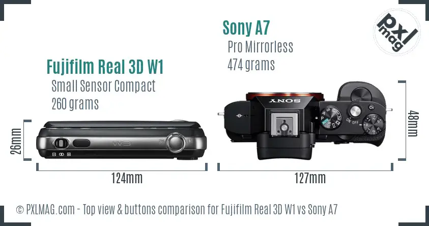 Fujifilm Real 3D W1 vs Sony A7 top view buttons comparison