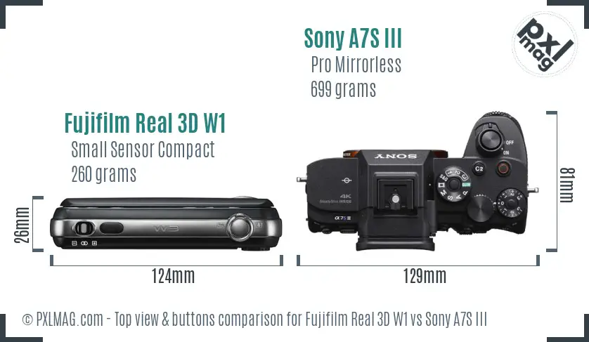 Fujifilm Real 3D W1 vs Sony A7S III top view buttons comparison