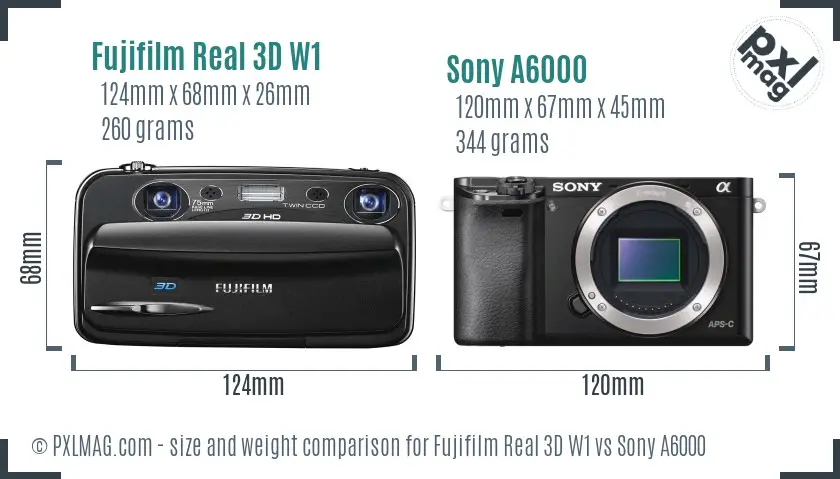 Fujifilm Real 3D W1 vs Sony A6000 size comparison