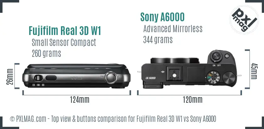 Fujifilm Real 3D W1 vs Sony A6000 top view buttons comparison