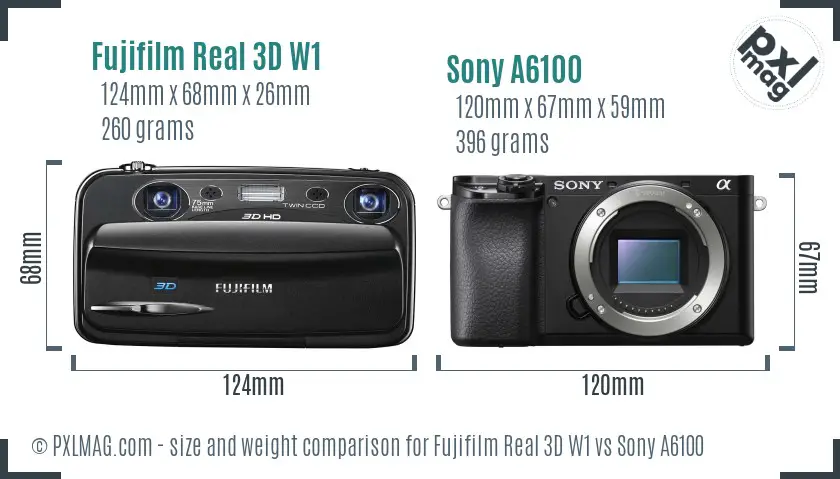 Fujifilm Real 3D W1 vs Sony A6100 size comparison