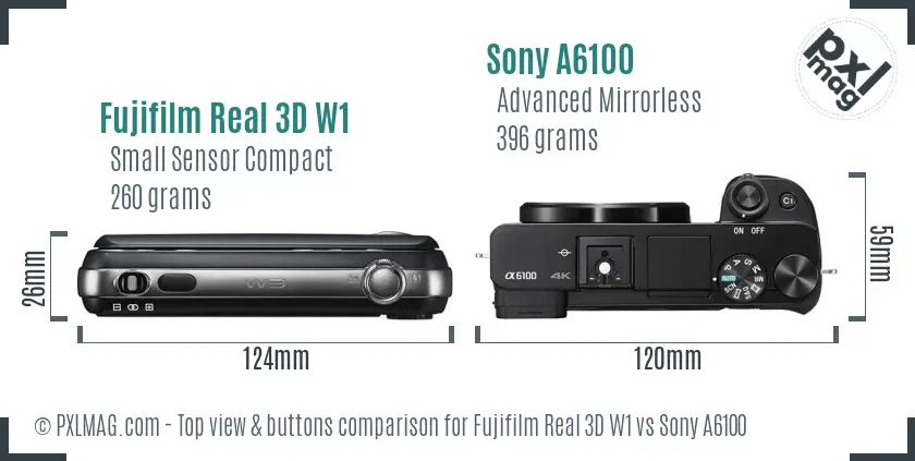 Fujifilm Real 3D W1 vs Sony A6100 top view buttons comparison