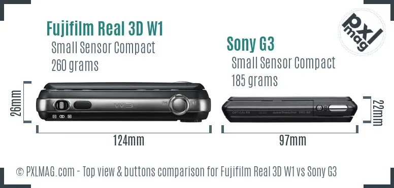Fujifilm Real 3D W1 vs Sony G3 top view buttons comparison Fujifilm Real 3D W1 vs Sony G3 top view buttons comparison
