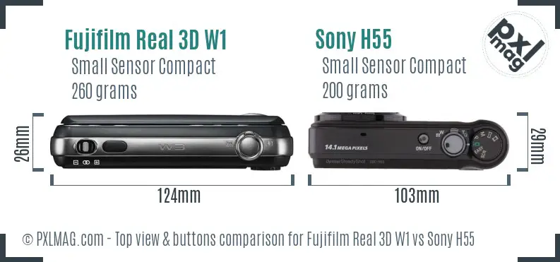 Fujifilm Real 3D W1 vs Sony H55 top view buttons comparison