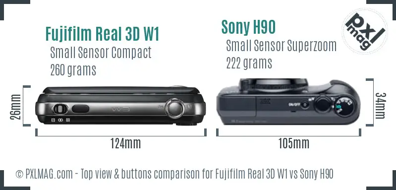 Fujifilm Real 3D W1 vs Sony H90 top view buttons comparison