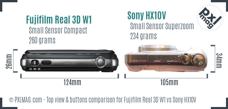 Fujifilm Real 3D W1 vs Sony HX10V top view buttons comparison