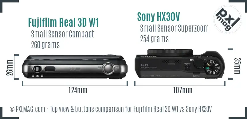 Fujifilm Real 3D W1 vs Sony HX30V top view buttons comparison