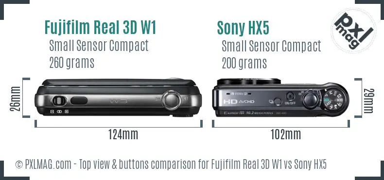 Fujifilm Real 3D W1 vs Sony HX5 top view buttons comparison