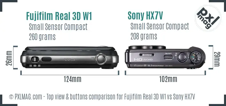 Fujifilm Real 3D W1 vs Sony HX7V top view buttons comparison Fujifilm Real 3D W1 vs Sony HX7V top view buttons comparison