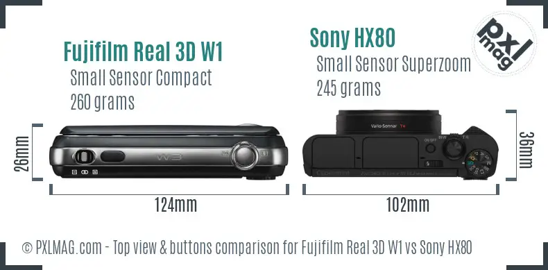 Fujifilm Real 3D W1 vs Sony HX80 top view buttons comparison