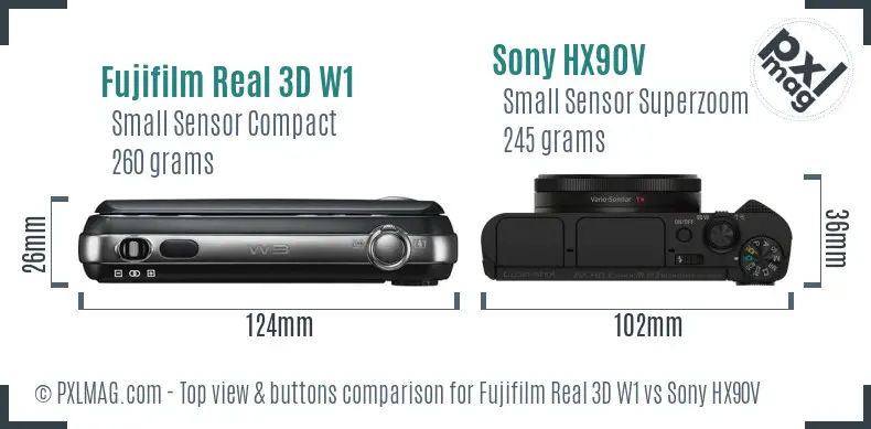 Fujifilm Real 3D W1 vs Sony HX90V top view buttons comparison