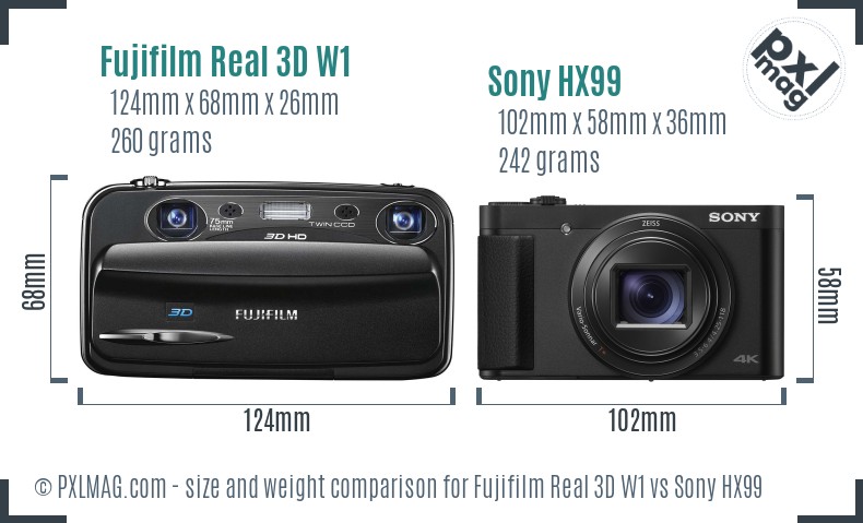 Fujifilm Real 3D W1 vs Sony HX99 size comparison