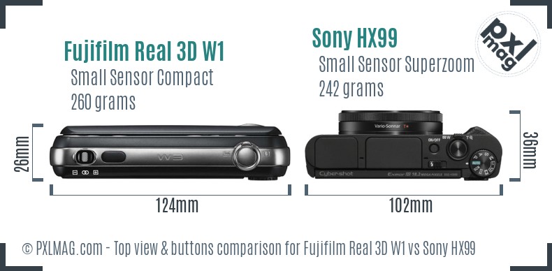 Fujifilm Real 3D W1 vs Sony HX99 top view buttons comparison