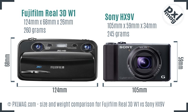 Fujifilm Real 3D W1 vs Sony HX9V size comparison Fujifilm Real 3D W1 vs Sony HX9V size comparison